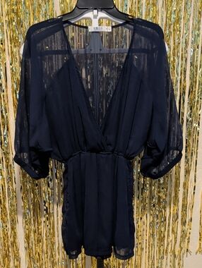 🔥Navy Blue Sheer Romper – Butterfly Sleeves, Side Pockets, Size L